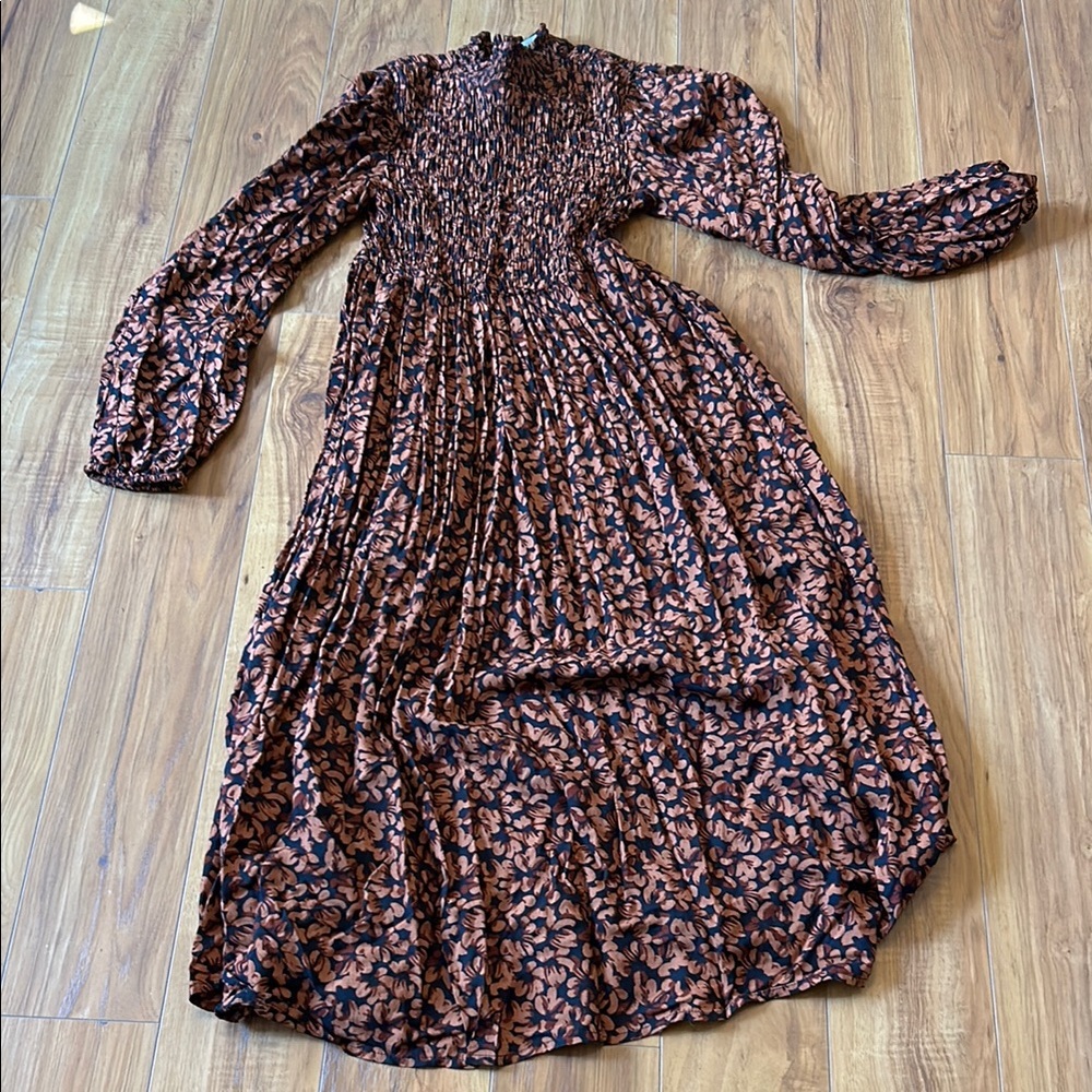 Multicolored Bishop Sleeve High-Low Pleated Dress